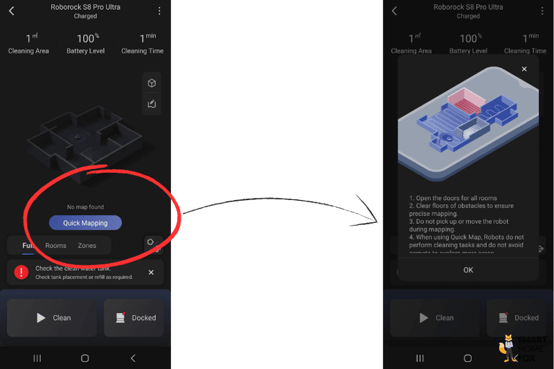 В приложении Roborock S8 Pro Ultra вы получите несколько подсказок перед началом процесса быстрого картирования.